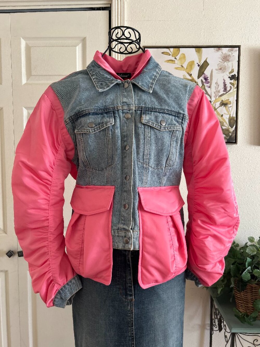 Athina Women's Pink Denim-Nylon Hybrid Jacket